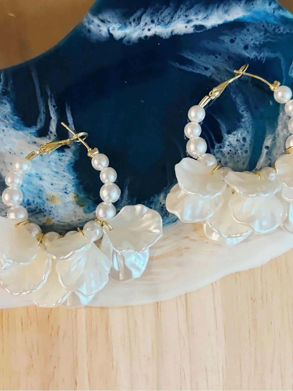 Pearl & Flower Hoop Earrings - White